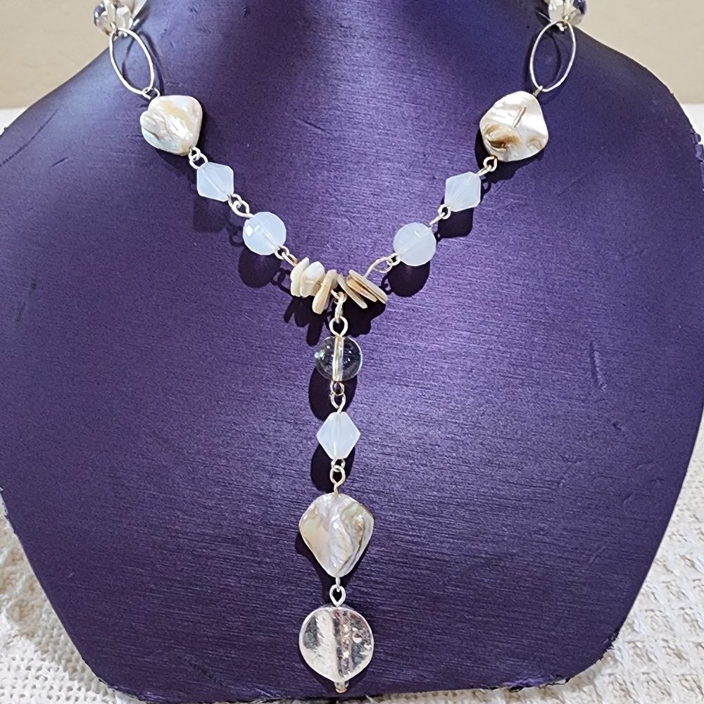 Abalone Shell Clear Glass Bead and White Bead Y Lariat Style Gold Necklace